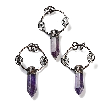 Natural Amethyst Faceted Pointed Bullet Big Pendants, Brass Ring Charms with Eye & Jump Rings, Red Copper, 55~58x37x9~10mm, Hole: 6.6mm