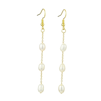 Natural Cultured Freshwater Pearl Beads & Brass Dangle Earrings for Women, Golden, 77x6mm