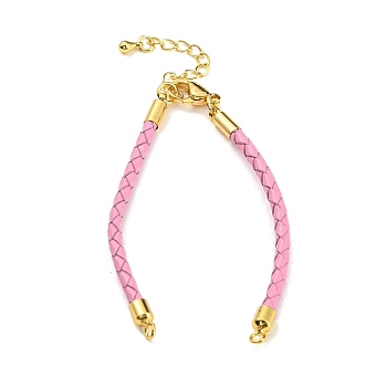 Leather Braided Cord Link Bracelets, Fit for Connector Charms, with Long-Lasting Plated Rack Plating Colden Tone Brass Lobster Claw Clasp & Chain Extender, Pearl Pink, 6x1/8 inch(15.2cm), Hole: 2mm
