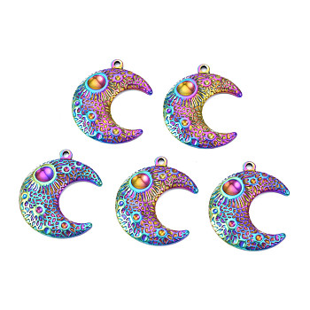 Rack Plating Rainbow Color 201 Stainless Steel Pendant Cabochon Settings, Moon, Tray: 5~12mm, 30x25x3.5mm, Hole: 1.8mm