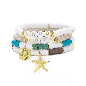 4Pcs 4 Style Handmade Polymer Clay Heishi Surfer Stretch Bracelets Set with Alloy Shell Starfish Charm, Word Good Love Preppy Bracelet Women, Mixed Color, Inner Diameter: 2-1/4 inch(5.6cm)