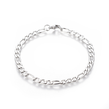 304 Stainless Steel Figaro Chain Bracelets, with Lobster Claw Clasps, Stainless Steel Color, 8-1/8 inch(20.6cm), 5mm