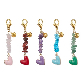 Alloy Enamel Heart Pendant Decoration, Natural & Synthetic Mixed Stone Chips and Alloy Lobster Claw Clasps Charm, Mixed Color, 66mm