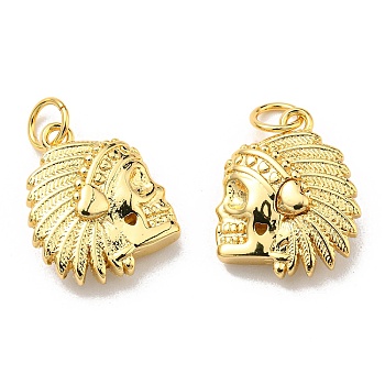 Rack Plating Brass Pendants, with Jump Ring, Lead Free & Cadmium Free, Long-Lasting Plated, Indian Head Chief Charm, Real 18K Gold Plated, 16x13x4.5mm, Hole: 3.6mm