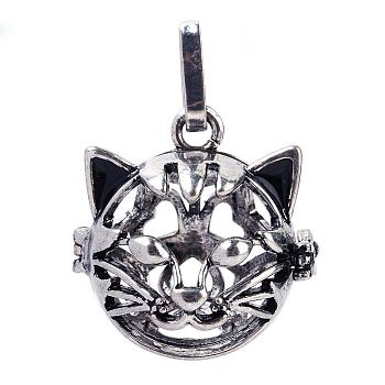 Rack Plating Brass Cage Hollow Kitten Pendants, for Chime Ball Pendant Necklaces Making, Cat Heat Shape, Antique Silver, 26x25x25mm, Hole: 4x8mm, inner measure: 18mm