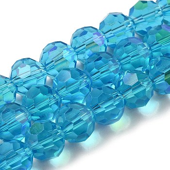 Electroplate Transparent Glass Beads Strands, Faceted, Round, Rainbow Plated, Deep Sky Blue, 10mm, Hole: 1.2mm, about 65~69pcs/strand, 23.03~24.49 inch(58.5~62.2cm)
