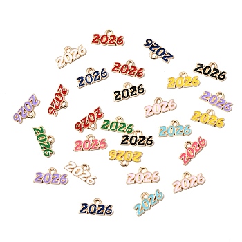 Alloy Enamel Pendants, Number 2026 Charms, Light Gold, Mixed Color, 9x18x1.5mm, Hole: 1.8mm
