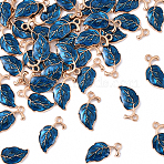 40Pcs Alloy Enamel Pendants, Leaf, Light Gold, Blue, 20x10x2mm, Hole: 1.6mm, 40pcs/set(ENAM-YW0005-95B)