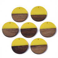Resin & Wood Pendants, Flat Round, Yellow, 28.5x3.5~4mm, Hole: 1.5mm(RESI-S358-02B-31)