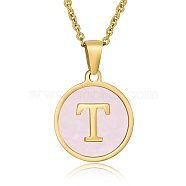 Natural Shell Initial Letter Pendant Necklace, with Golden Stainless Steel Cable Chains, Letter T, 17.72 inch(45cm)(LE4192-2)