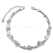 SHEGRACE Rhodium Plated 925 Sterling Silver Multi-strand Anklet, Box Chain with Beads, with S925 Stamp, Platinum, 8-1/4 inch(21cm)(JA87A)