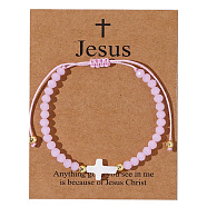 Adjustable Sea Shell Cross & Faceted Rondelle Glass Braided Bead Bracelets for Women, Lilac, 11 inch(28cm)(AZ6679-3)