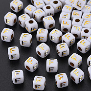 Opaque White Acrylic Beads, Metal Enlaced, Cube with Letters, Letter.F, 4.5mm, Hole: 2mm, about 5000pcs/500g(MACR-Q242-010F)