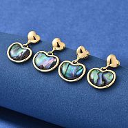 Abalone Shell/Paua Shell Dangle Ear Studs, with Brass Finding and 925 Sterling Silver Pin, Heart, Real 14K Gold Plated, 23x16.5mm(EJEW-L099-05G)