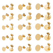 US 15 Style Textured Flat Round 304 Stainless Steel Ear Stud Findings, with Horizontal Loops & Ear Nuts/Earring Backs, Golden, 8~15.5x8~12mm, Hole: 1.2~1.8mm, Pin: 0.8mm, 2Pcs/style, 30Pcs/box(STAS-MA0001-06G)