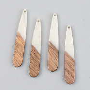 Opaque Resin & Walnut Wood Pendants, Teardrop, Floral White, 44x7.5x3mm, Hole: 1.5mm(X-RESI-S389-039A-C04)