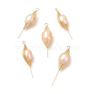 Natural Pearl Pendants, Flower Charm, with Brass Wire Wrapped, Real 14K Gold Plated, 35x9.5x8.5mm, Hole: 2mm(KK-I697-25G)