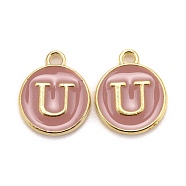 Golden Plated Alloy Enamel Charms, Cadmium Free & Lead Free, Enamelled Sequins, Flat Round with Letter, Pink, Letter.U, 14x12x2mm, Hole: 1.5mm(ENAM-S118-07U)