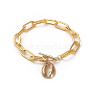 Charm Bracelets, with Iron Paperclip Chains, 304 Stainless Steel Toggle Clasps & Cowrie Shell Shape Pendants, Golden, 7-1/2 inch(19cm)(BJEW-JB05043-04)