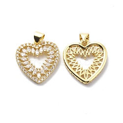 Brass Clear Cubic Zirconia Pendants, Hollow Heart Charm, Real 18K Gold Plated, 20x18.5x2.5mm, Hole: 3.5x4.5mm(KK-G446-09G)