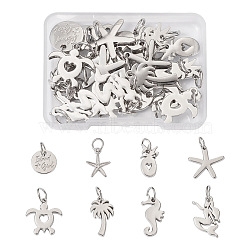 32pcs 8 Style Rack Plating Alloy Pendants, with Jump Rings, Mermaid & Sea Horse & Star, Platinum, 15~23x10~21x1.5~2.5mm, Hole: 6mm, 4pcs/style(FIND-EL0001-04)