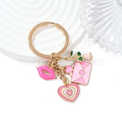 Valentine's Day Alloy Enamel Keychain, with Iron Rings, Heart, Pink, 75mm(KEYC-YW00185-03)