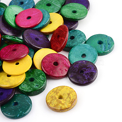 Dyed Natural Wood Beads, Flat Round, Mixed Color, 20x2~5mm, Hole: 3.5mm, about 900pcs/1000g(WOOD-S663-02)