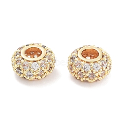 Brass with Cubic Zirconia Bead, Flat Round, Clear, Real 18K Gold Plated, 8x4.5mm, Hole: 3.2mm(KK-P271-16G)