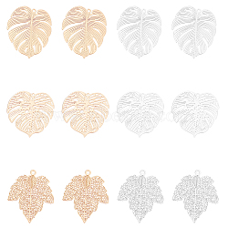 Brass Pendants, Etched Metal Embellishments, Long-Lasting Plated, Leaf, Mixed Color, 48pcs/box(KKC-CA0001-03)