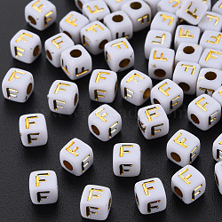 Opaque White Acrylic Beads, Metal Enlaced, Cube with Letters, Letter.F, 4.5mm, Hole: 2mm, about 5000pcs/500g(MACR-Q242-010F)