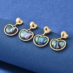 Abalone Shell/Paua Shell Dangle Ear Studs, with Brass Finding and 925 Sterling Silver Pin, Heart, Real 14K Gold Plated, 23x16.5mm(EJEW-L099-05G)