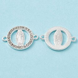 Religion Alloy Connector Charms, with Crystal Rhinestone, Flat Round Links with Virgin Pattern, Silver, 18x24x2mm, Hole: 1.8mm(FIND-A024-01S)