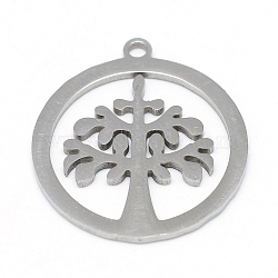 201 Stainless Steel Pendants, Flat Round with Tree of Life, Stainless Steel Color, 22x20x1mm, Hole: 2mm(STAS-T008-084)