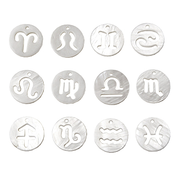 Natural Freshwater Shell Charms, Hollow, 12 Constellation/Zodiac Sign, Flat Round, 12 Chinese Zodiac Signs, 12mm, 12pcs/set