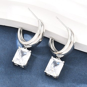 Rectangle Brass Micro Pave Clear Cubic Zirconia Dangle Stud Earrings, Lead Free & Cadmium Free, Long-Lasting Plated, Rack Plating, Platinum, 30.5x8mm