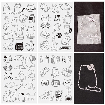 57 Patterns Non-woven Fabrics Water-soluble Embroidery Aid Drawing Sketch, Rectangle, Cat Shape, 297x210mmm, 4 sheets/set