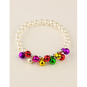 Fashion Imitation Acrylic Pearl Stretchy Bracelets for Kids, with Brass Bell Pendants, for Christmas, White, 45mm