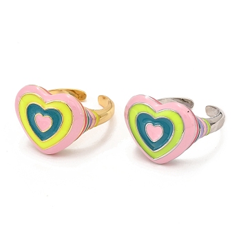 Brass Enamel Cuff Ring, Open Rings with Enamel, Long-Lasting Plated, Heart, Mixed Color, US Size 7 1/4(17.5mm)