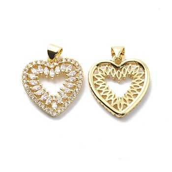 Brass Clear Cubic Zirconia Pendants, Hollow Heart Charm, Real 18K Gold Plated, 20x18.5x2.5mm, Hole: 3.5x4.5mm