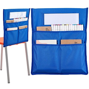 Oxford Cloth Chair Back Storage Buddy Pocket Chart, Seat Organizer Bag with Blank Name Tags for Classroom, Blue, 49x42x0.2cm