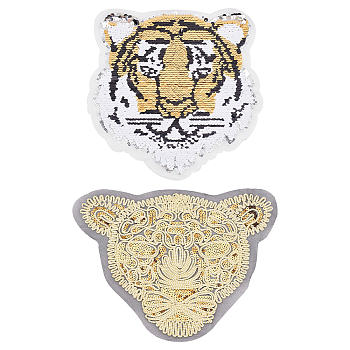 2Pcs 2 Style  Computerized Embroidery Cloth Sew on Patches, Paillette Appliques, Costume Accessories, Leopard's Head & Tiger's Head, Mixed Color, 245~255x236~345x1mm, 1pc/style