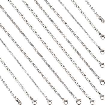 30Pcs 6 Style 304 Stainless Steel Chains Necklace, including Ball Chain, Curb Chain, Figaro Chain, Rolo Chain, Cable Chain, Stainless Steel Color, 17 inch~18 inch(43.2cm~45.7cm), 5pcs/style, 1 style/bundle