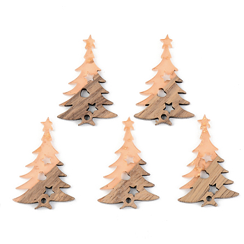 Transparent Resin & Walnut Wood Pendants, with Gold Foil, Christmas Tree, Dark Salmon, 38x25x3mm, Hole: 2mm