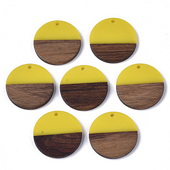 Resin & Wood Pendants, Flat Round, Yellow, 28.5x3.5~4mm, Hole: 1.5mm