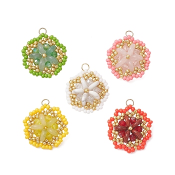 Natural Gemstone & Glass Seed Beaded Flower Pendants, with Glass, Faceted, Mixed Color, 23x22x6.5mm, Jump Ring: 4x0.5mm, Inner Diameter: 3mm