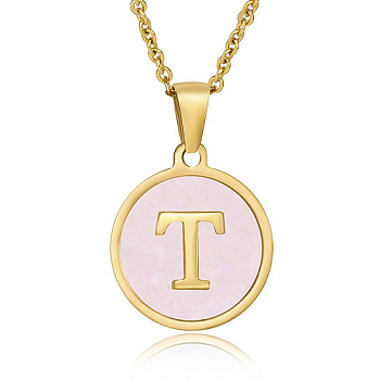 Natural Shell Initial Letter Pendant Necklace, with Golden Stainless Steel Cable Chains, Letter T, 17.72 inch(45cm)