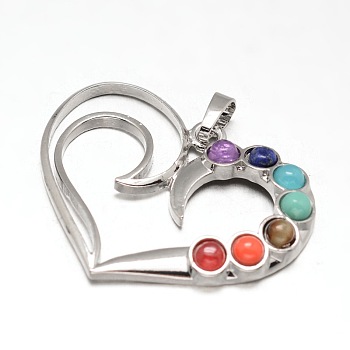 Chakra Jewelry Brass Gemstone Heart Pendants, Cadmium Free & Nickel Free & Lead Free, Platinum, 34x43.5x6mm, Hole: 5x8mm