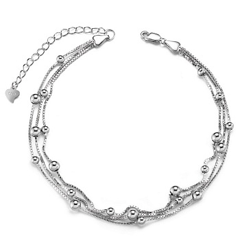 SHEGRACE Rhodium Plated 925 Sterling Silver Multi-strand Anklet, Box Chain with Beads, with S925 Stamp, Platinum, 8-1/4 inch(21cm)
