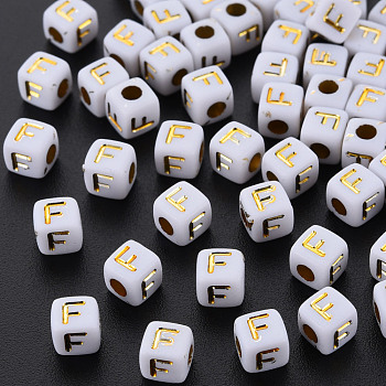 Opaque White Acrylic Beads, Metal Enlaced, Cube with Letters, Letter.F, 4.5mm, Hole: 2mm, about 5000pcs/500g