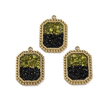 Real 14K Gold Plated 304 Stainless Steel Pendants, with Rhinestone, Octagon, Dark Green, 21x14.5x3mm, Hole: 1.6mm